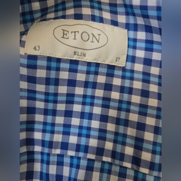 ETON Blue and White Checkered Slim Fit Men's Button Up Shirt. Size 43/17 - Picture 6 of 10